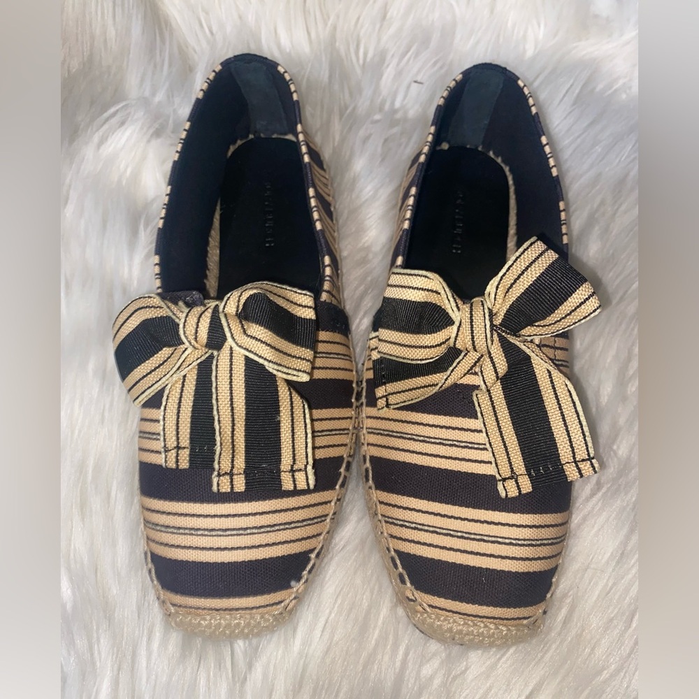 NWOT Tory Burch Bow Vintage Striped Black and Tan Espadrilles - US Size 6.5